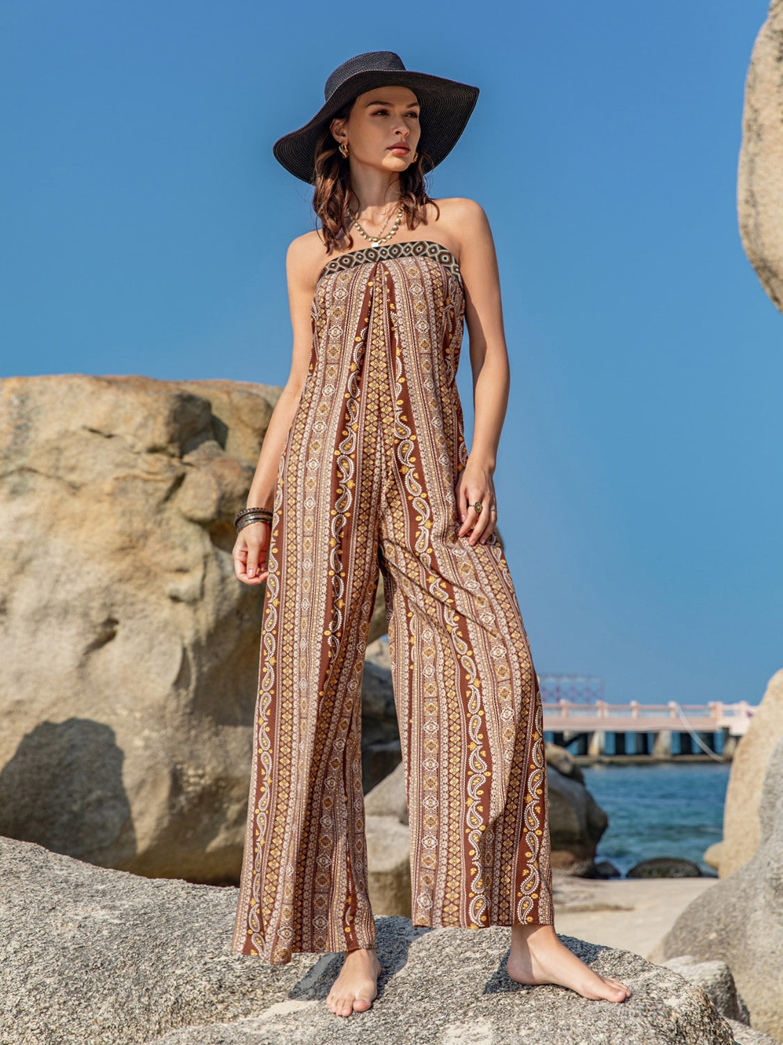 Get trendy with Tied Printed Tube Wide Leg Jumpsuit - Jumpsuit available at Styles Code. Grab yours today!