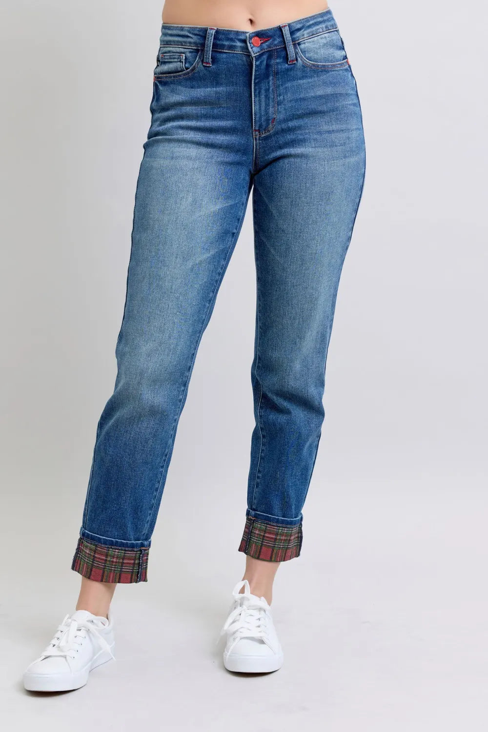 Get trendy with Plaid Print Cuff Straight Leg Jeans - Jeans available at Styles Code. Grab yours today!