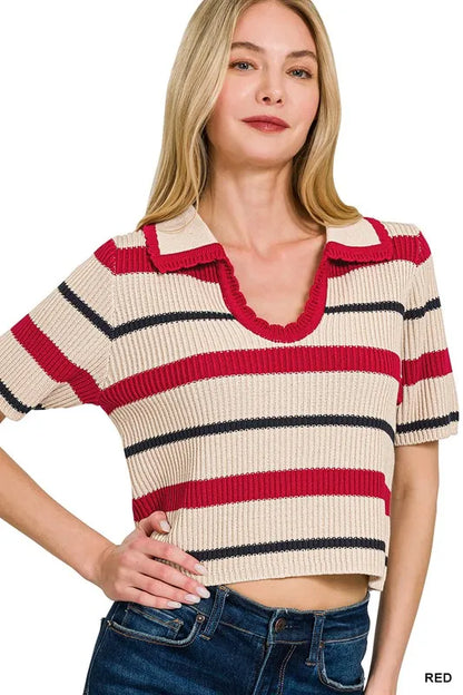 Get trendy with Striped Cropped Sweater Top - Top available at Styles Code. Grab yours today!