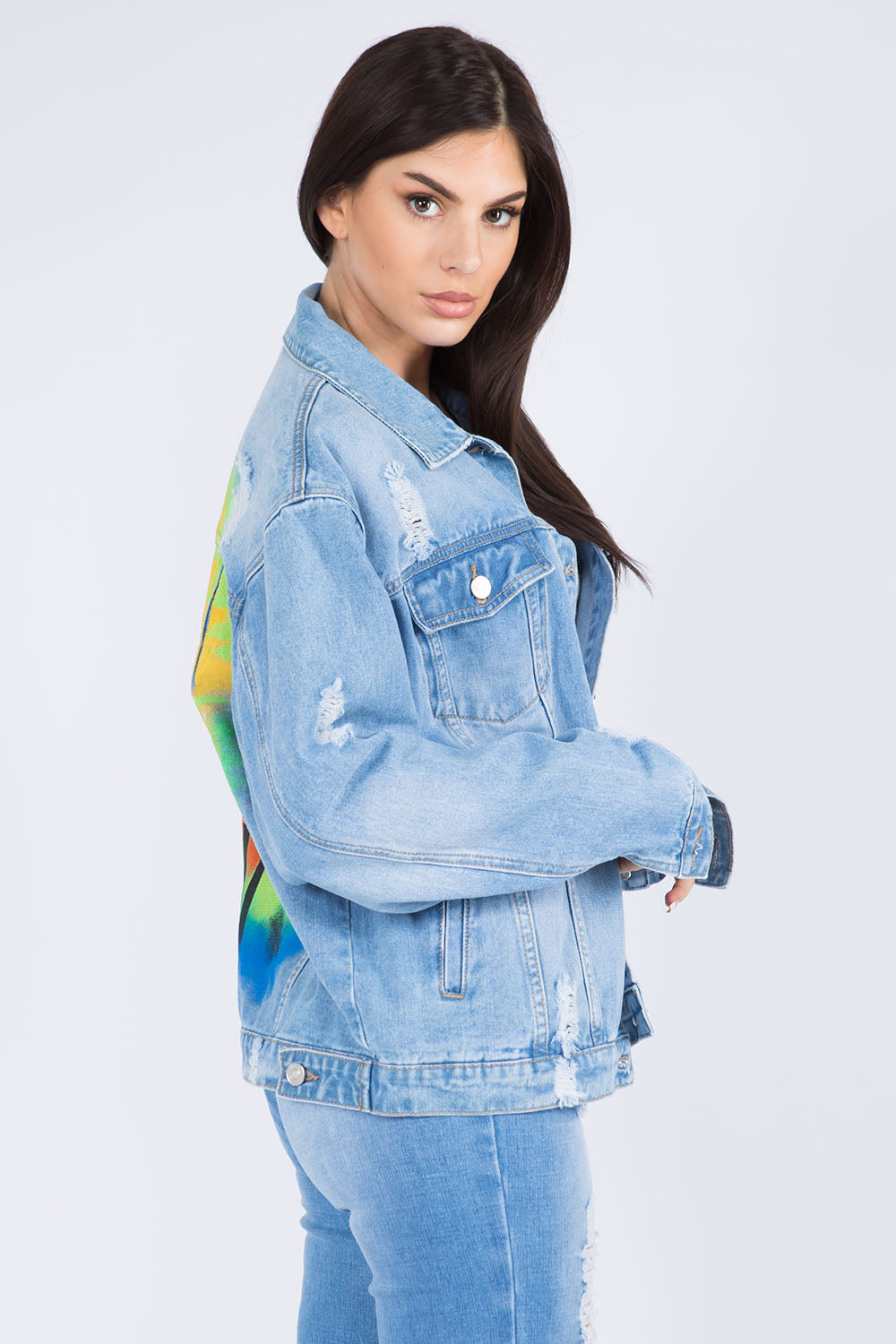 Get trendy with Full Size Distressed Denim Jacket - Denim Jacket available at Styles Code. Grab yours today!