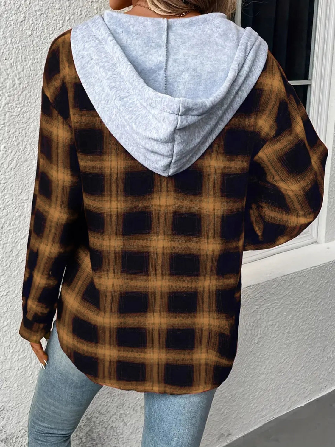 Get trendy with Plaid Drawstring Button Up Hooded Jacket - Jackets available at Styles Code. Grab yours today!