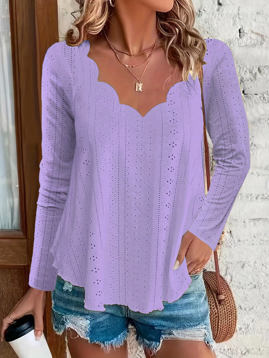 Get trendy with Eyelet Long Sleeve Blouse - Blouse available at Styles Code. Grab yours today!