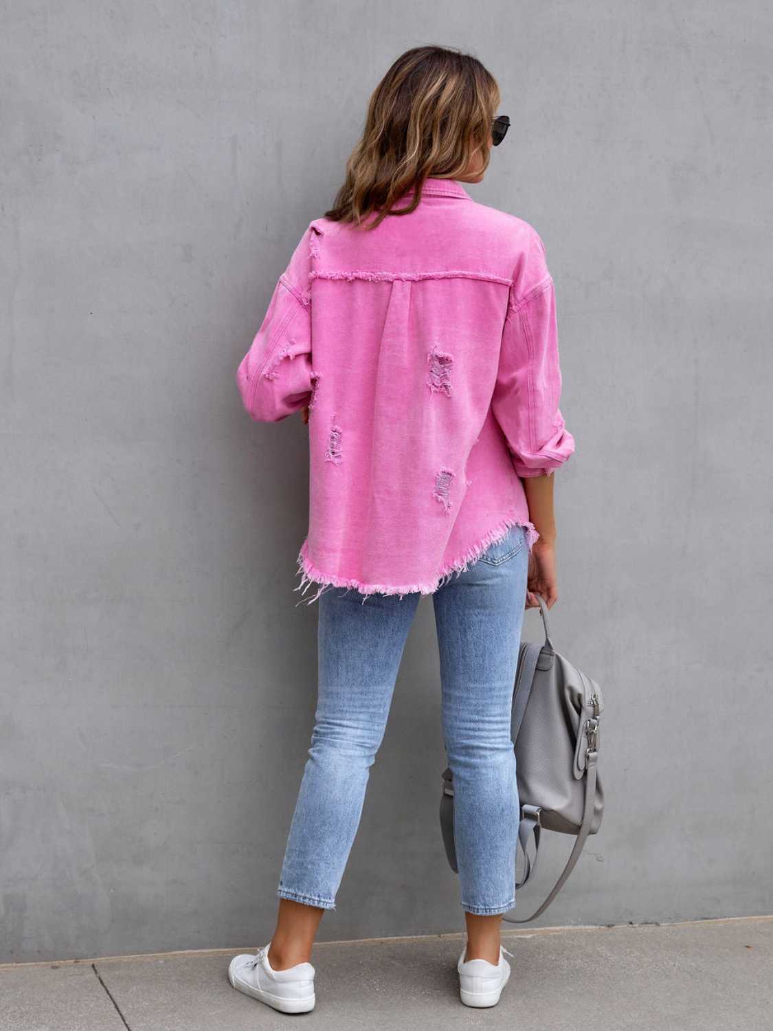 Get trendy with Distressed Drop Shoulder Denim Jacket - Denim Jacket available at Styles Code. Grab yours today!