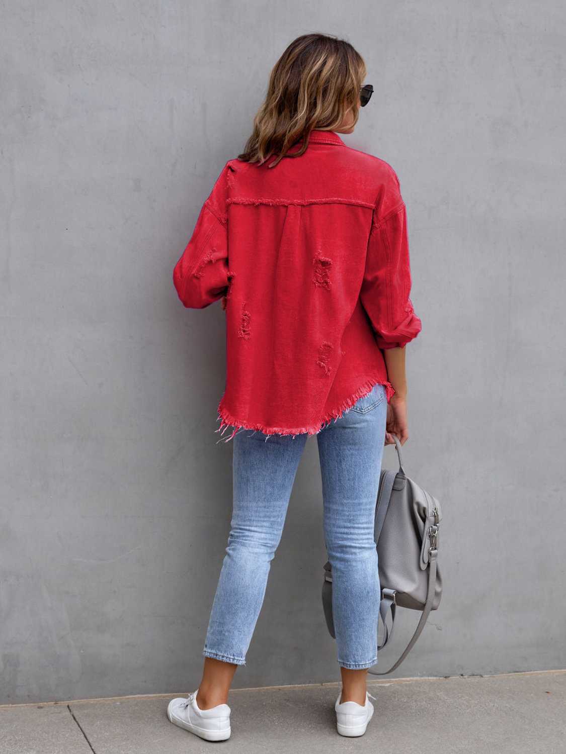 Get trendy with Distressed Drop Shoulder Denim Jacket - Denim Jacket available at Styles Code. Grab yours today!