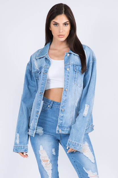 Get trendy with Full Size Distressed Denim Jacket - Denim Jacket available at Styles Code. Grab yours today!