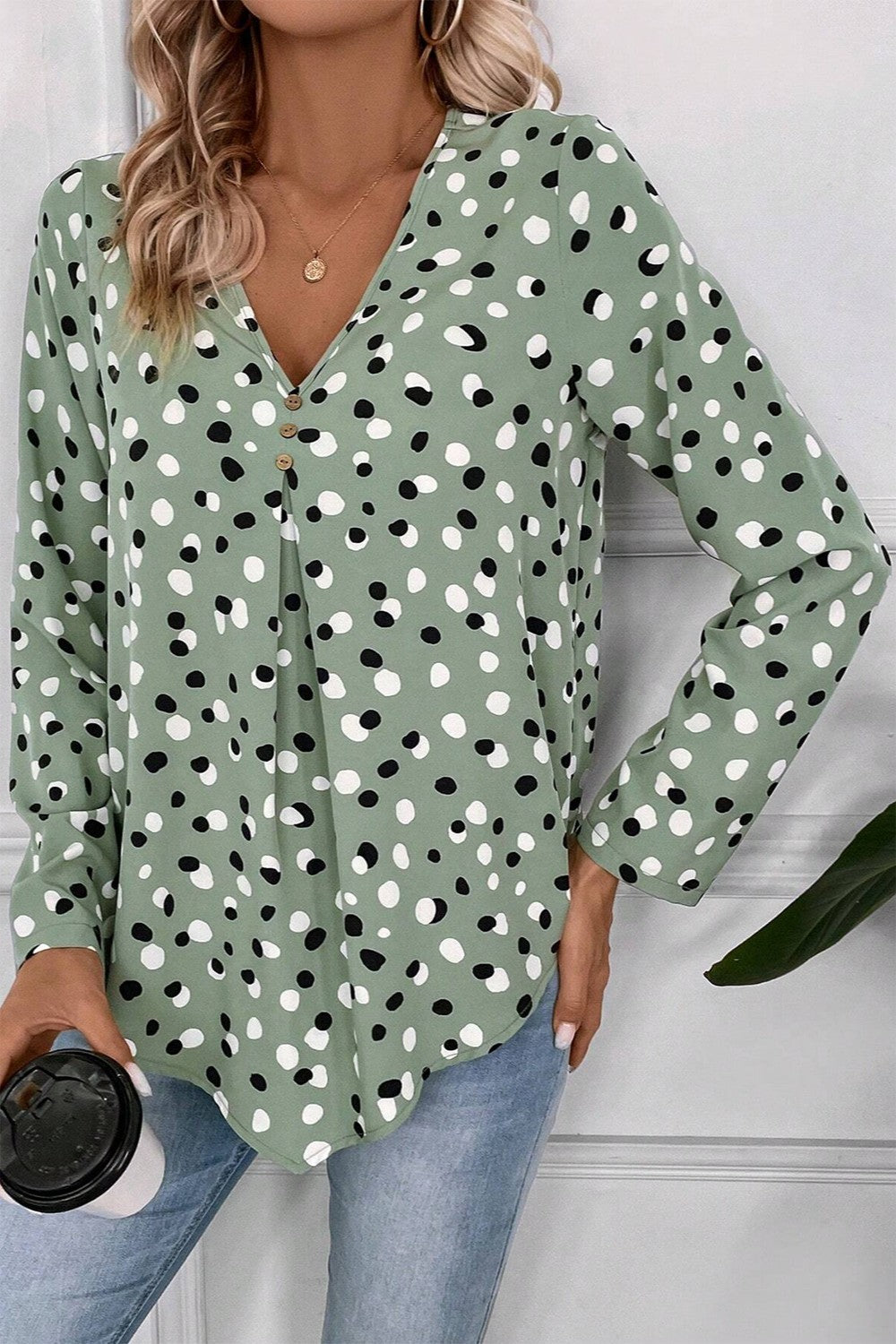 Get trendy with Printed V-Neck Long Sleeve Blouse - Blouse available at Styles Code. Grab yours today!