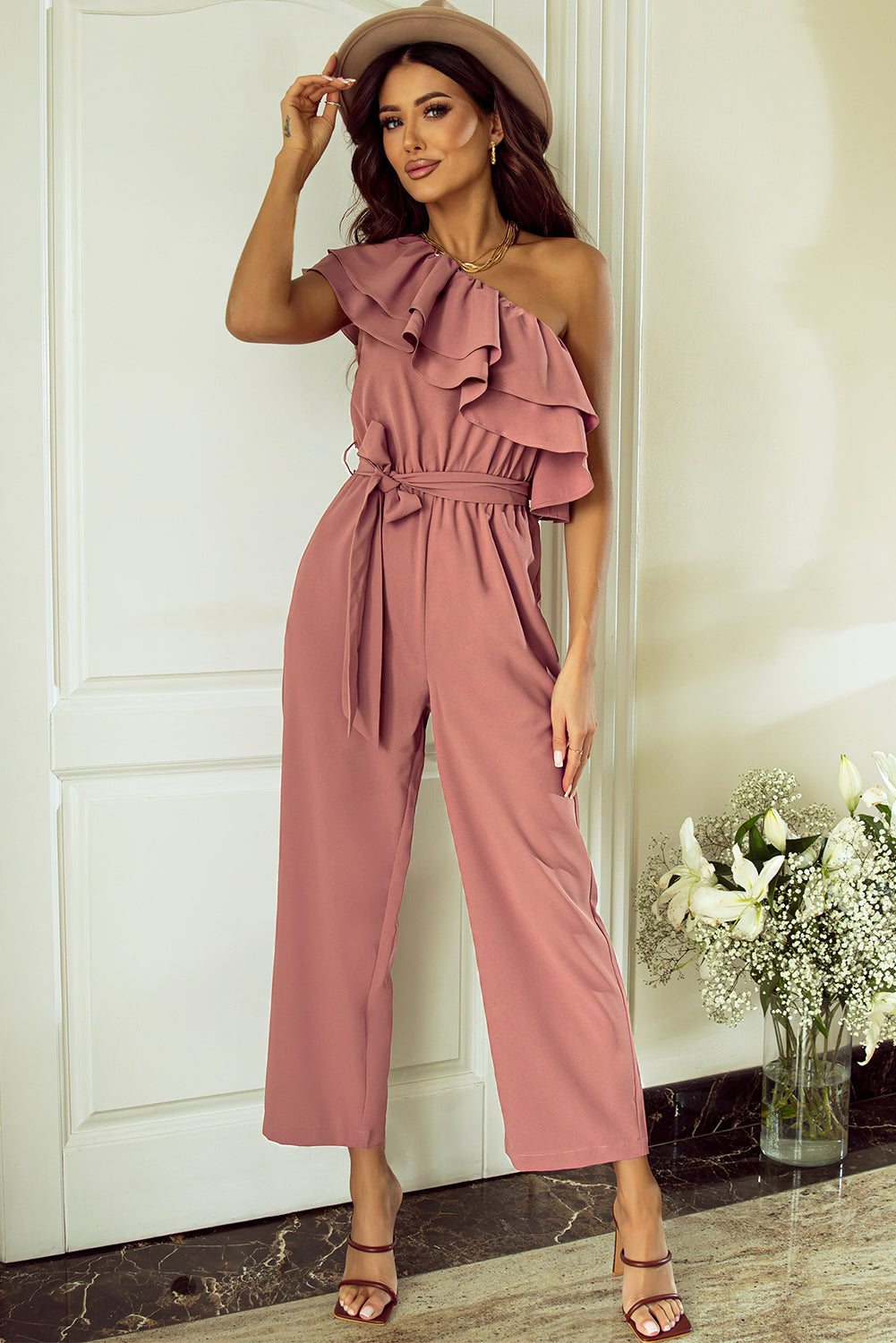 Get trendy with Ruffled Tied One-Shoulder Jumpsuit - Jumpsuit available at Styles Code. Grab yours today!