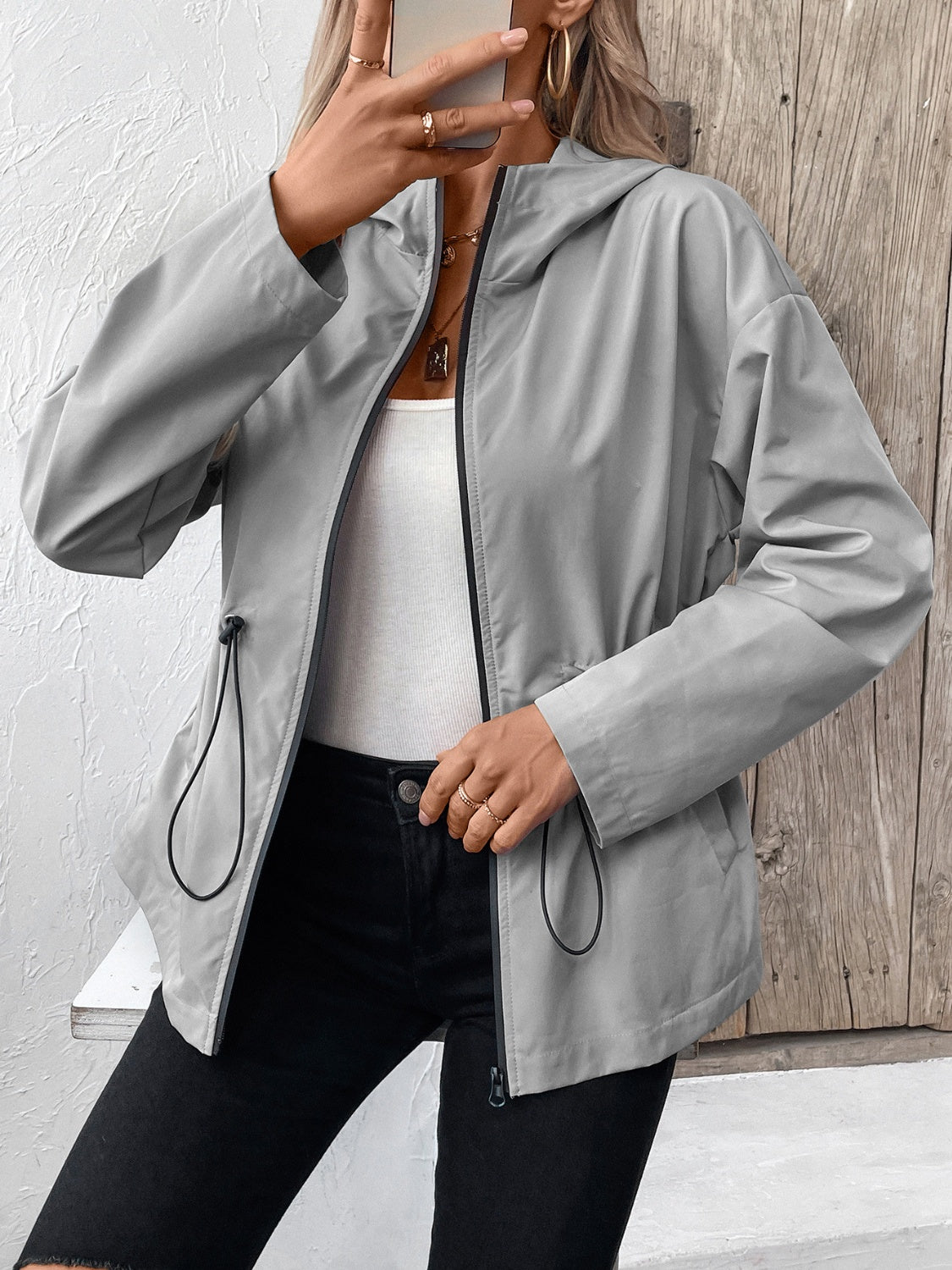 Get trendy with Drawstring Zip Up Hooded Jacket - Jacket available at Styles Code. Grab yours today!