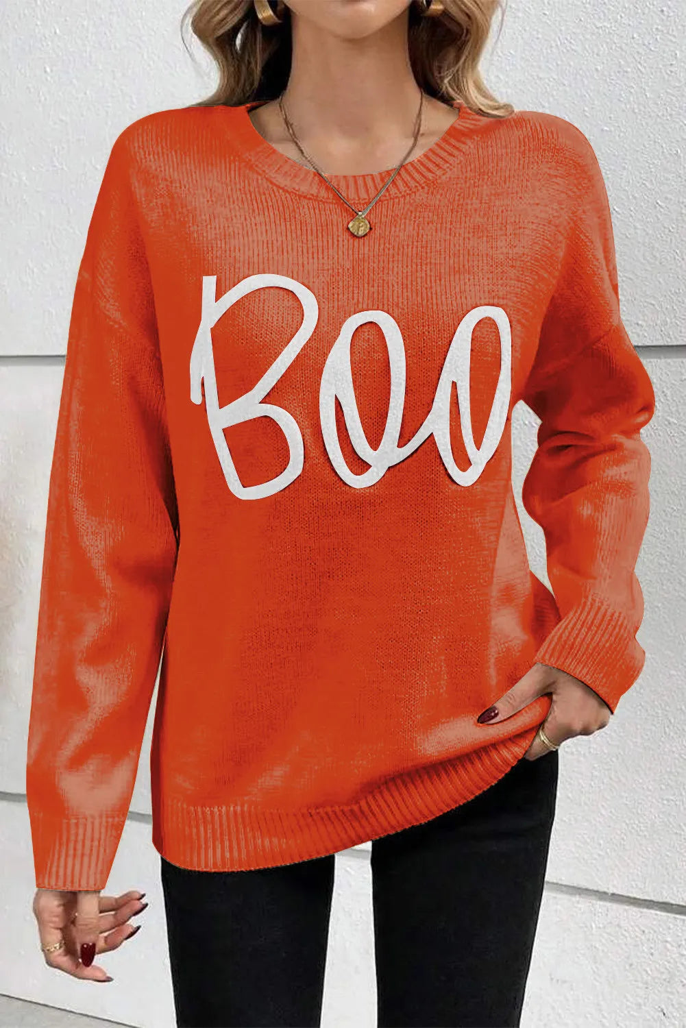 Get trendy with BOO Round Neck Long Sleeve Sweater -  available at Styles Code. Grab yours today!