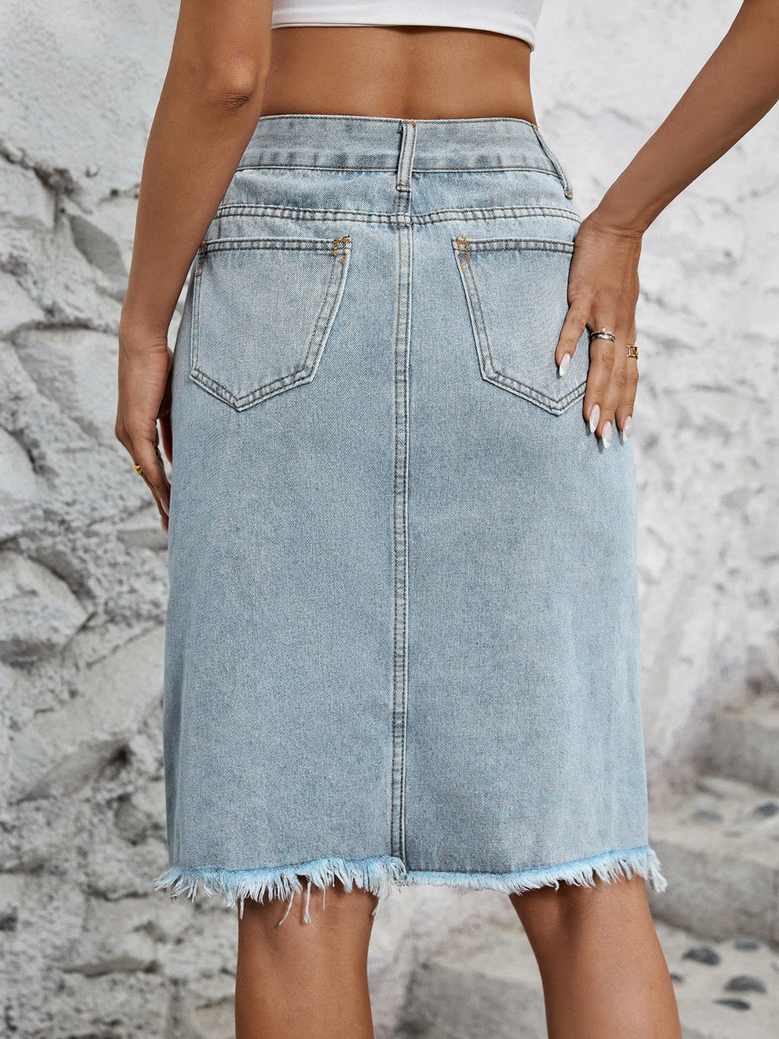 Get trendy with Raw Hem Slit Denim Skirt - Denim Dress available at Styles Code. Grab yours today!