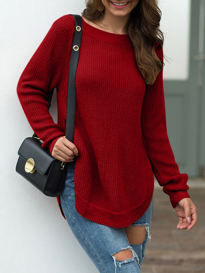 Get trendy with Slit Round Neck Long Sleeve Sweater - Sweaters available at Styles Code. Grab yours today!