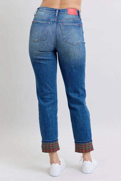 Get trendy with Plaid Print Cuff Straight Leg Jeans - Jeans available at Styles Code. Grab yours today!