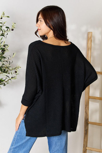 Get trendy with Full Size Round Neck High-Low Slit Knit Top - Knit Top available at Styles Code. Grab yours today!