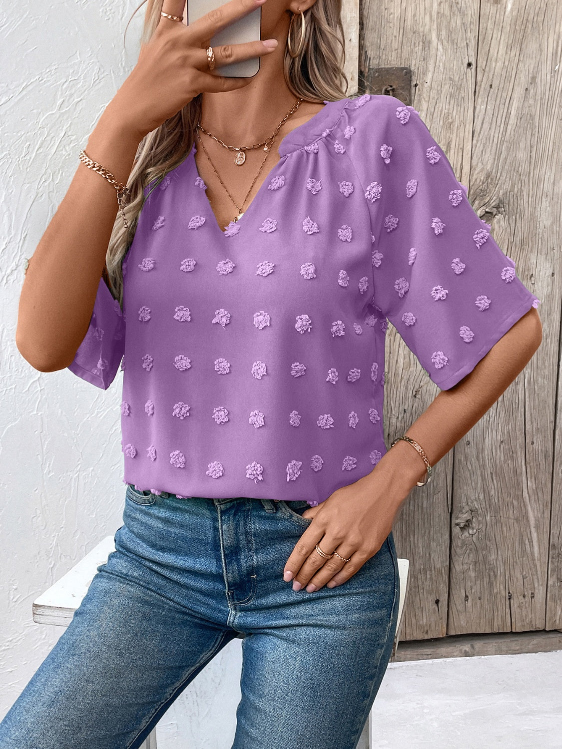 Get trendy with Swiss Dot Notched Half Sleeve Blouse - Blouse available at Styles Code. Grab yours today!