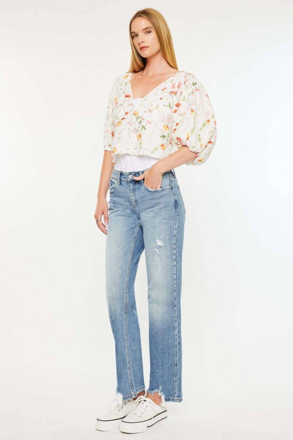 Get trendy with Kancan Mid Rise Frayed Hem Straight Jeans - Jeans available at Styles Code. Grab yours today!