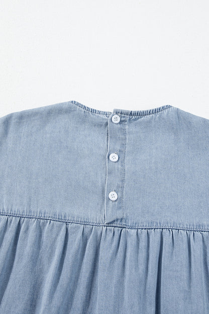 Get trendy with Ruffled Round Neck Cap Sleeve Denim Dress - Denim Dress available at Styles Code. Grab yours today!