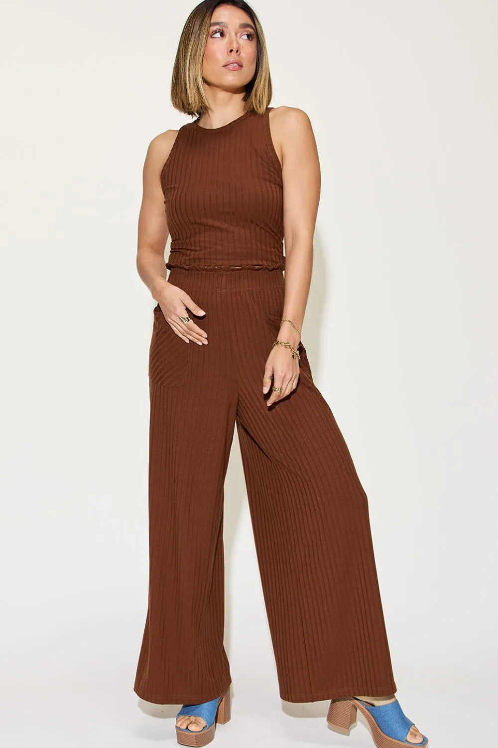 Get trendy with Ribbed Tank & Wide Leg Pants Set - Two Piece Sets available at Styles Code. Grab yours today!