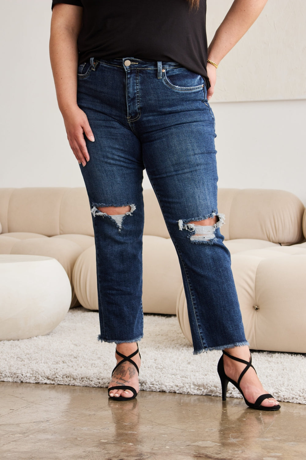 Get trendy with Full Size Distressed High Waist Jeans - Jeans available at Styles Code. Grab yours today!