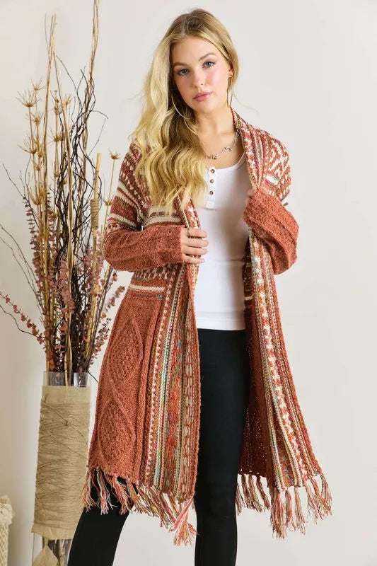 Get trendy with Fringe Hem Aztec Cardigan -  available at Styles Code. Grab yours today!