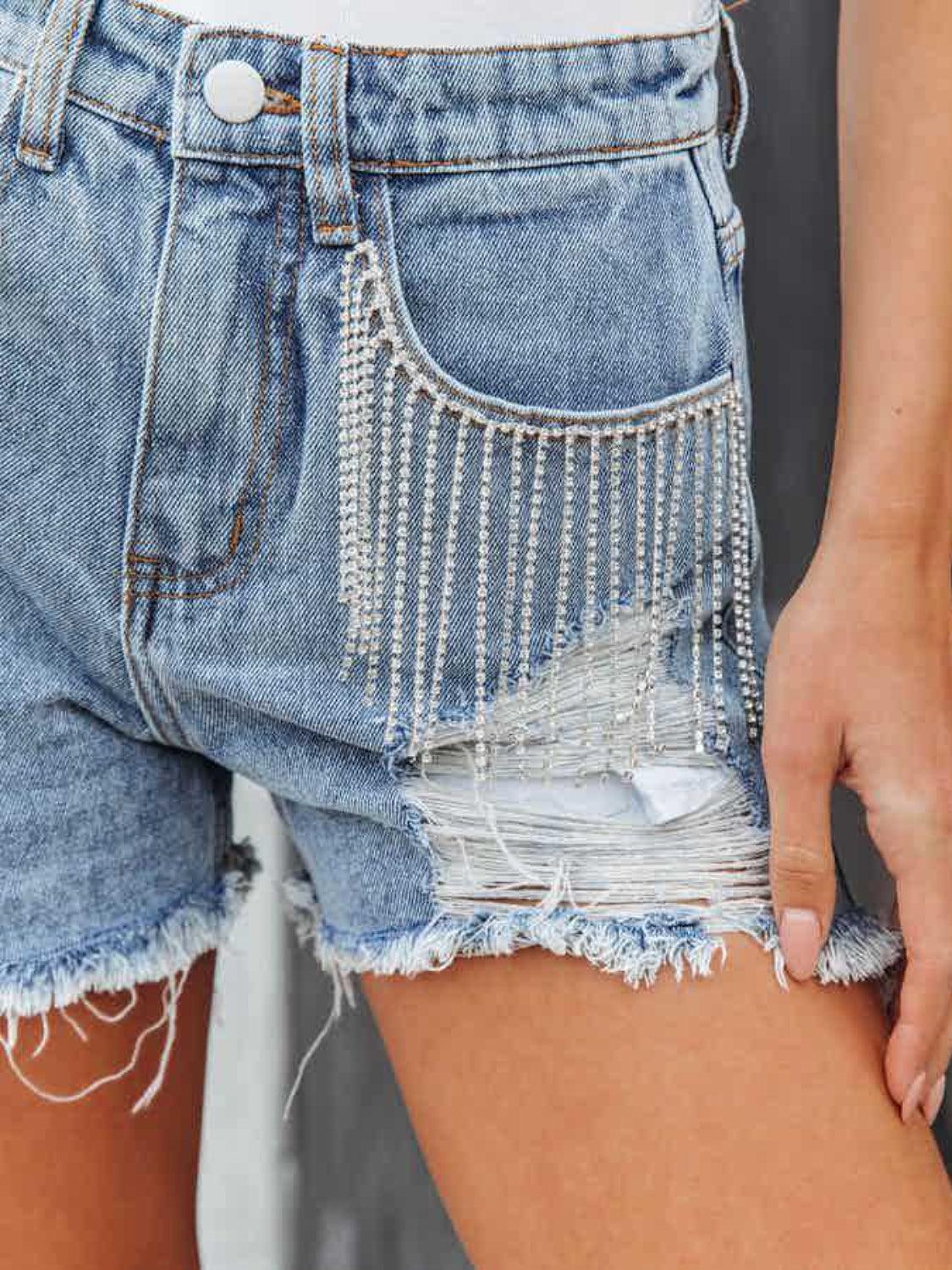 Get trendy with Distressed Fringe Denim Shorts with Pockets - Denim Shorts available at Styles Code. Grab yours today!