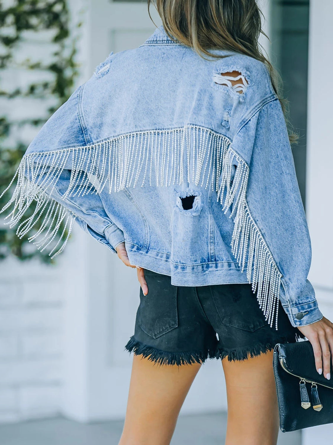 Get trendy with Distressed Fringe Denim Jacket - Denim Jacket available at Styles Code. Grab yours today!