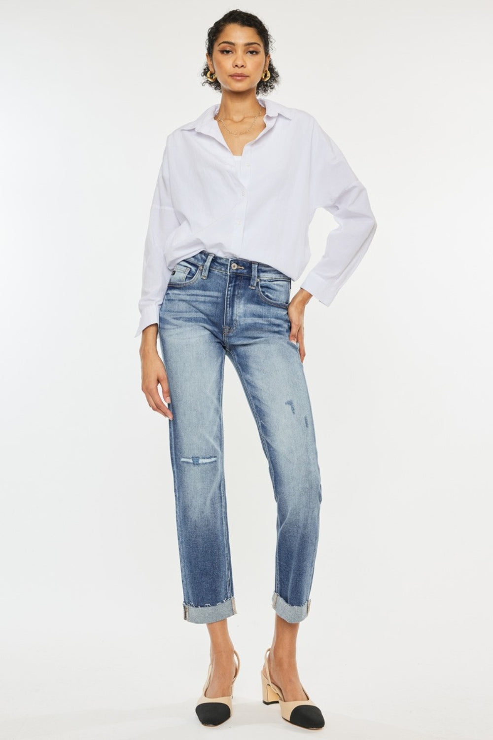 Get trendy with High Rise Cuffed Straight Jeans - Jeans available at Styles Code. Grab yours today!