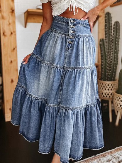 Get trendy with Tiered Button-Fly Denim Skirt - Skirts available at Styles Code. Grab yours today!