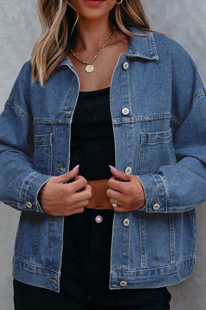 Get trendy with Pocketed Button Up Denim Jacket - Denim Jacket available at Styles Code. Grab yours today!