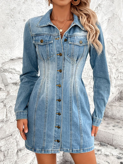 Get trendy with Pocketed Button Up Long Sleeve Denim Dress - Denim Dress available at Styles Code. Grab yours today!