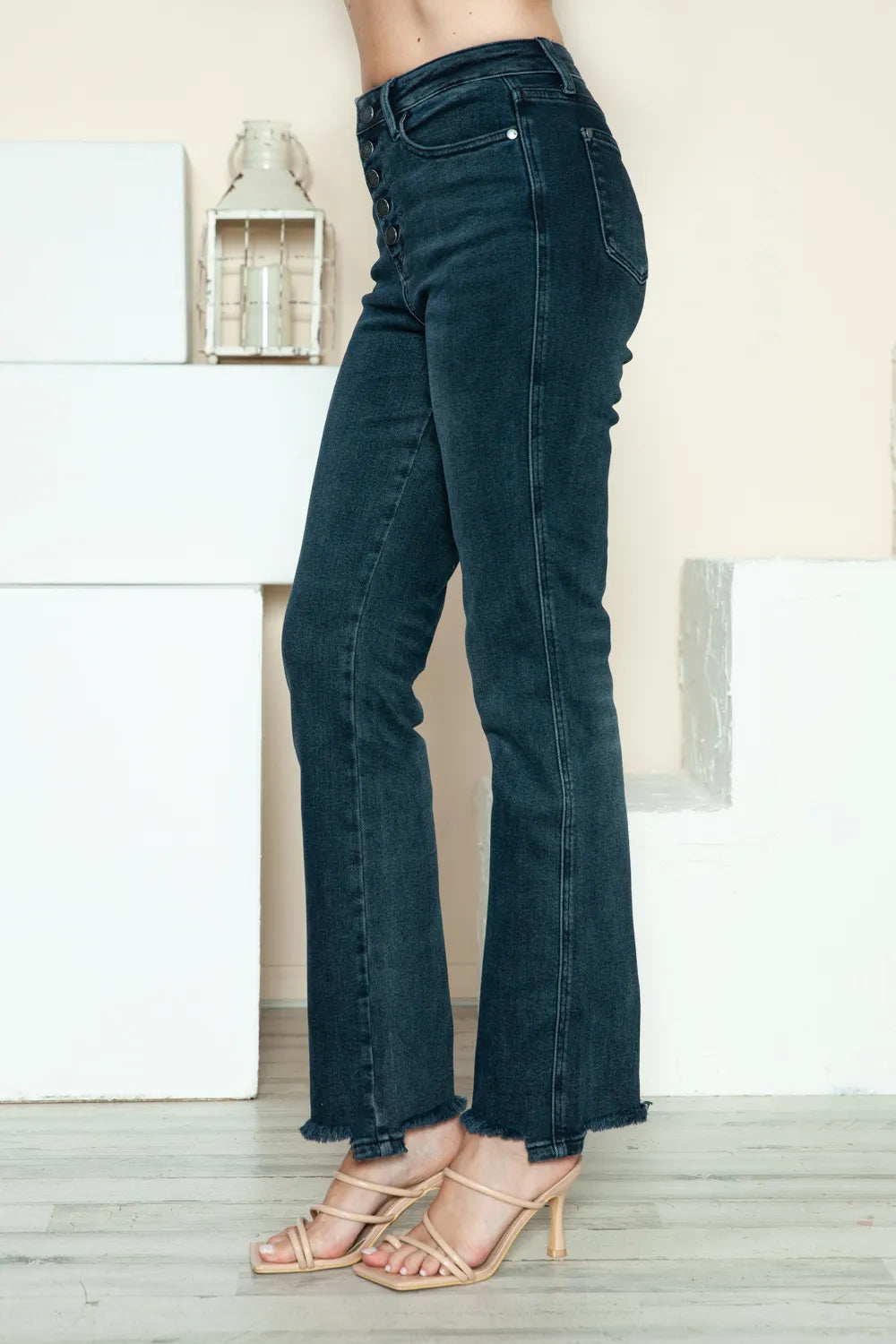 Get trendy with Button Fly Hem Straight Jeans - Jeans available at Styles Code. Grab yours today!