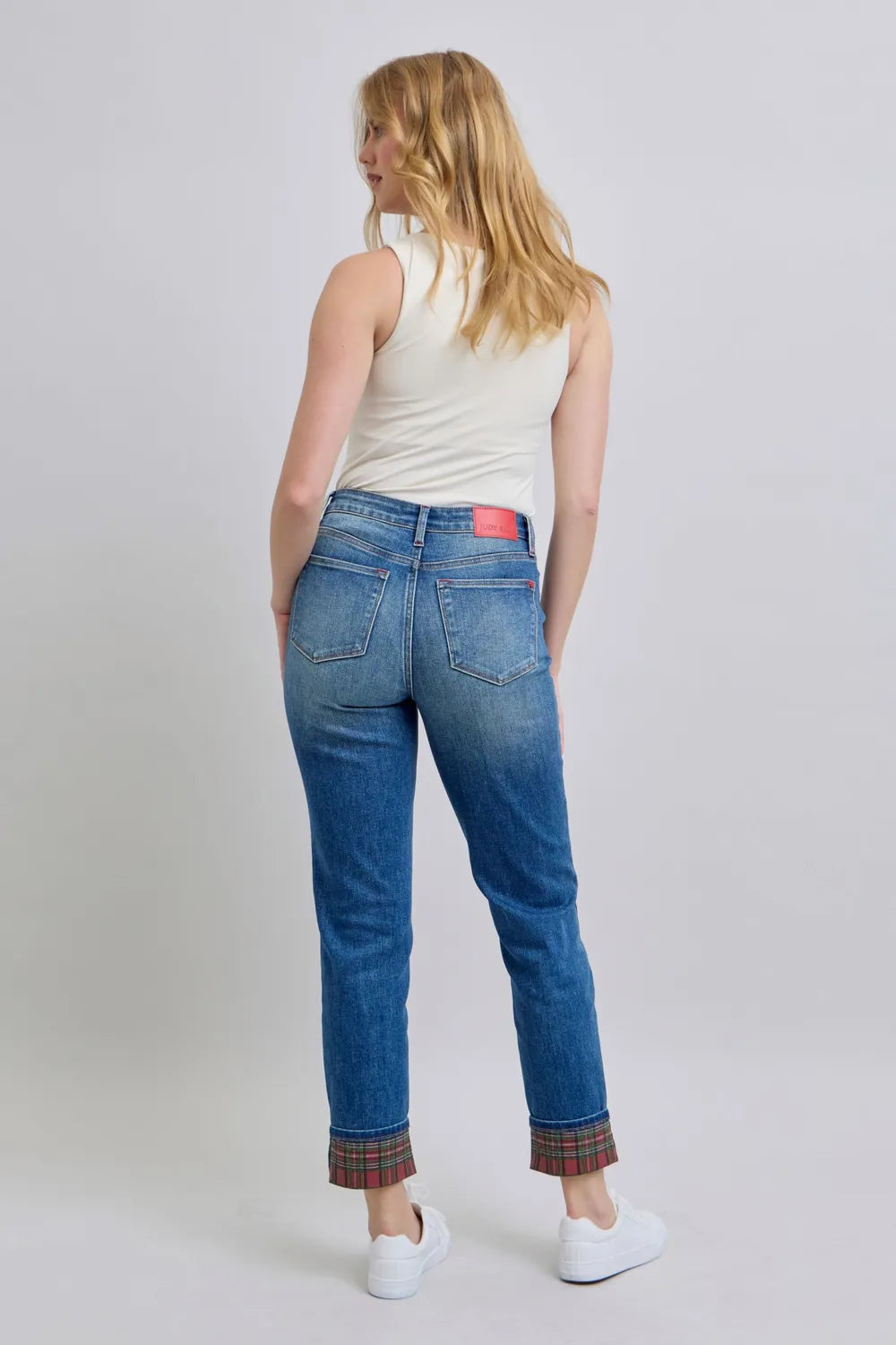 Get trendy with Plaid Print Cuff Straight Leg Jeans - Jeans available at Styles Code. Grab yours today!