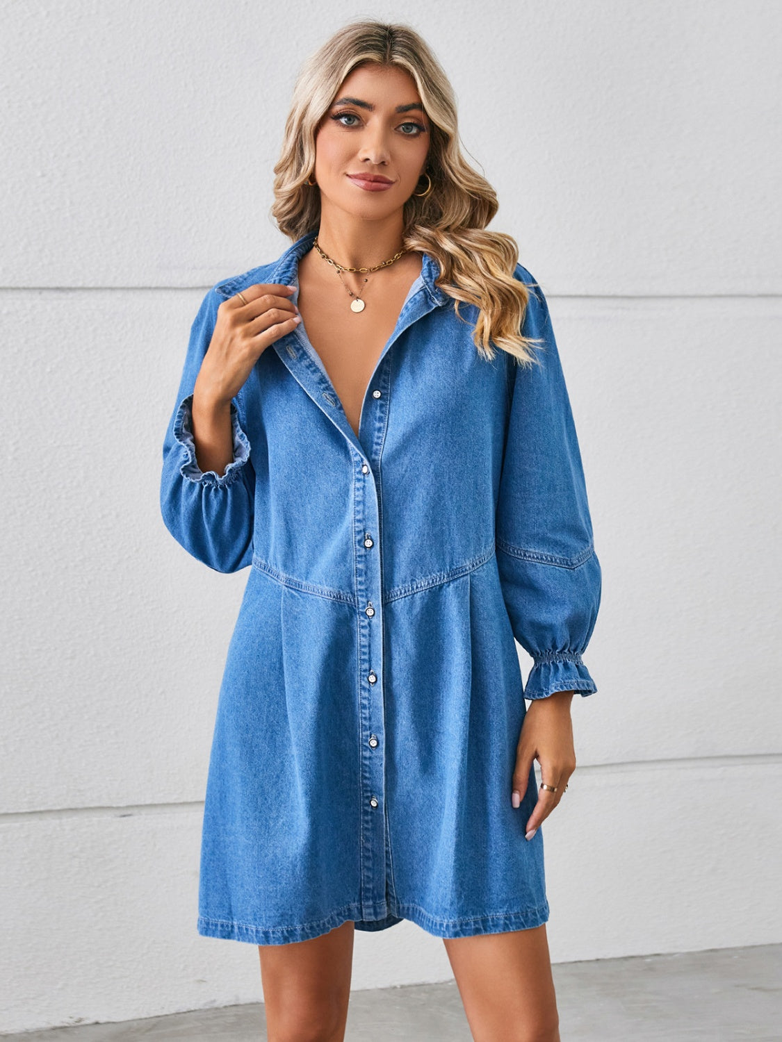 Get trendy with Button Up Flounce Sleeve Mini Denim Dress - Denim Dress available at Styles Code. Grab yours today!