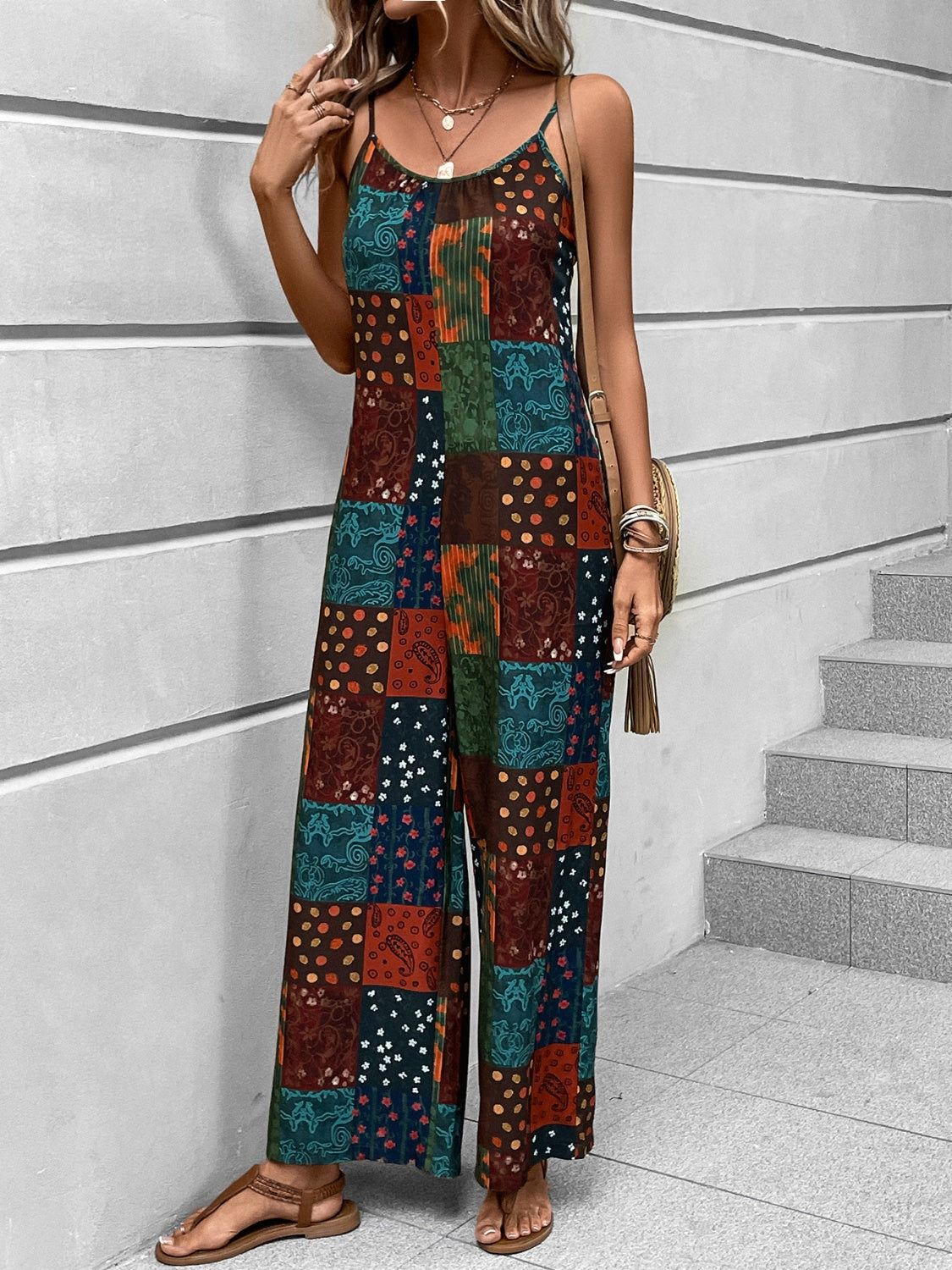 Get trendy with Printed Scoop Neck Spaghetti Strap Jumpsuit - Jumpsuit available at Styles Code. Grab yours today!