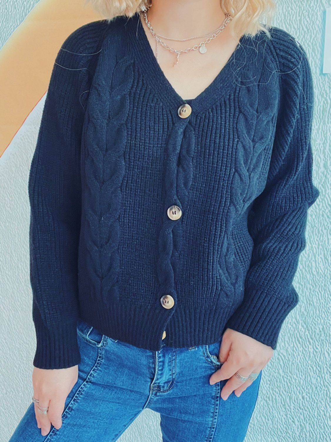 Get trendy with Cable-Knit V-Neck Cardigan - Cardigans available at Styles Code. Grab yours today!