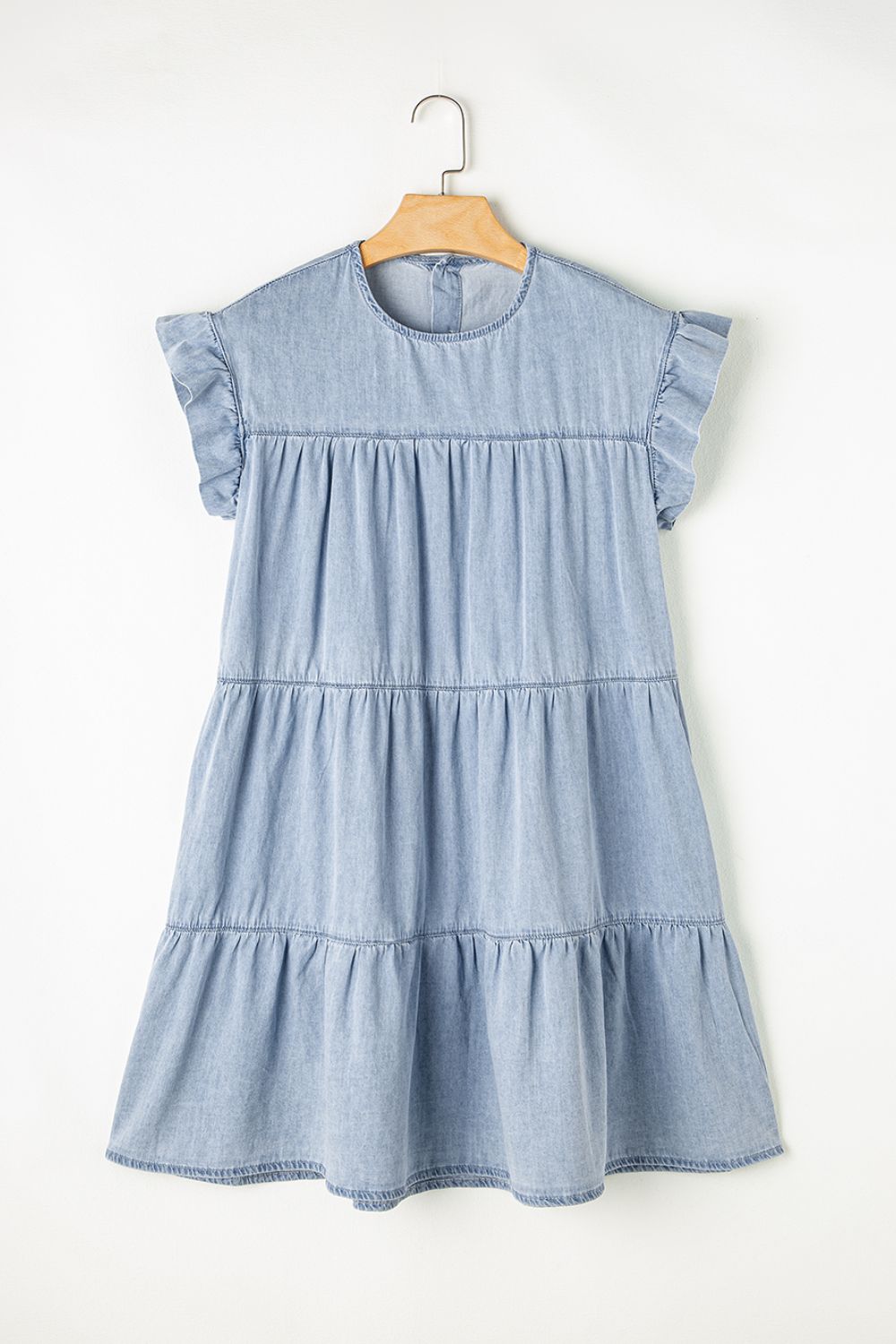 Get trendy with Ruffled Round Neck Cap Sleeve Denim Dress - Denim Dress available at Styles Code. Grab yours today!