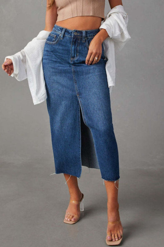 Get trendy with Slit Raw Hem Midi Denim Skirt -  available at Styles Code. Grab yours today!