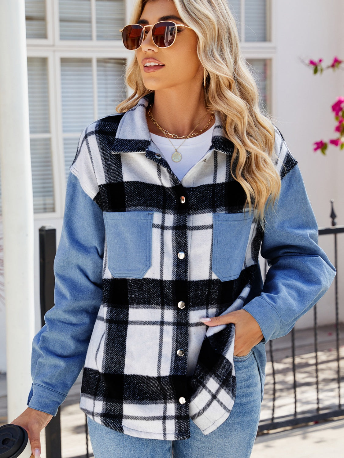 Get trendy with Pocketed Plaid Snap Down Denim Jacket - Denim Jacket available at Styles Code. Grab yours today!