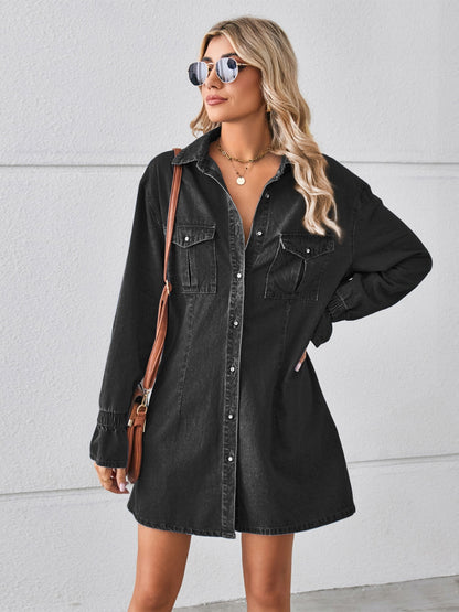 Get trendy with Pocketed Dropped Shoulder Mini Denim Dress - Denim Dress available at Styles Code. Grab yours today!