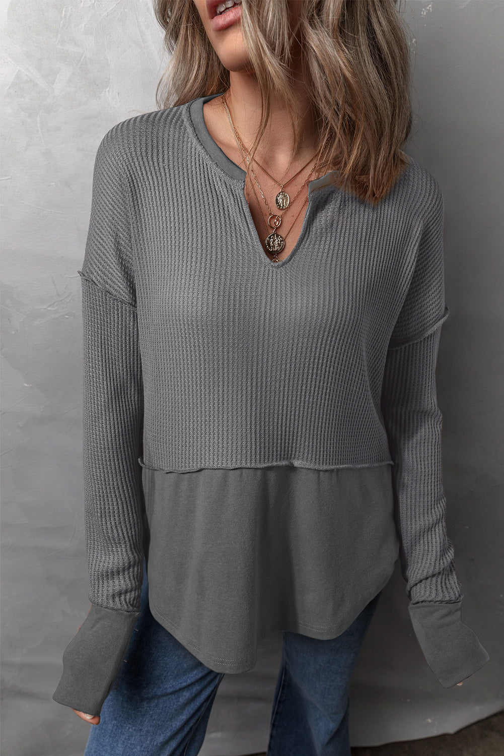 Get trendy with Waffle-Knit Exposed Seam Notched Long Sleeve Top -  available at Styles Code. Grab yours today!