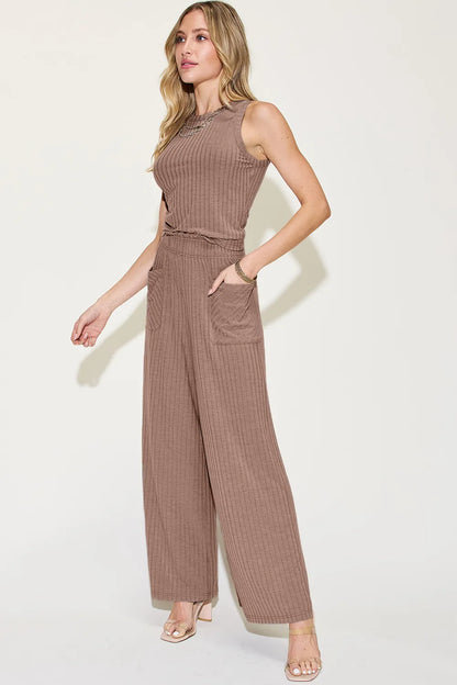 Get trendy with Ribbed Tank & Wide Leg Pants Set - Two Piece Sets available at Styles Code. Grab yours today!