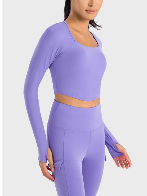 Get trendy with Millennia Square Neck Long Sleeve Cropped Sports Top - Activewear available at Styles Code. Grab yours today!