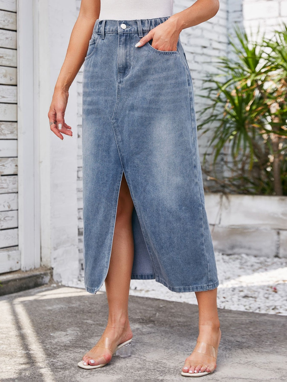 Get trendy with Slit Midi Denim Skirt with Pockets - Denim Dress available at Styles Code. Grab yours today!