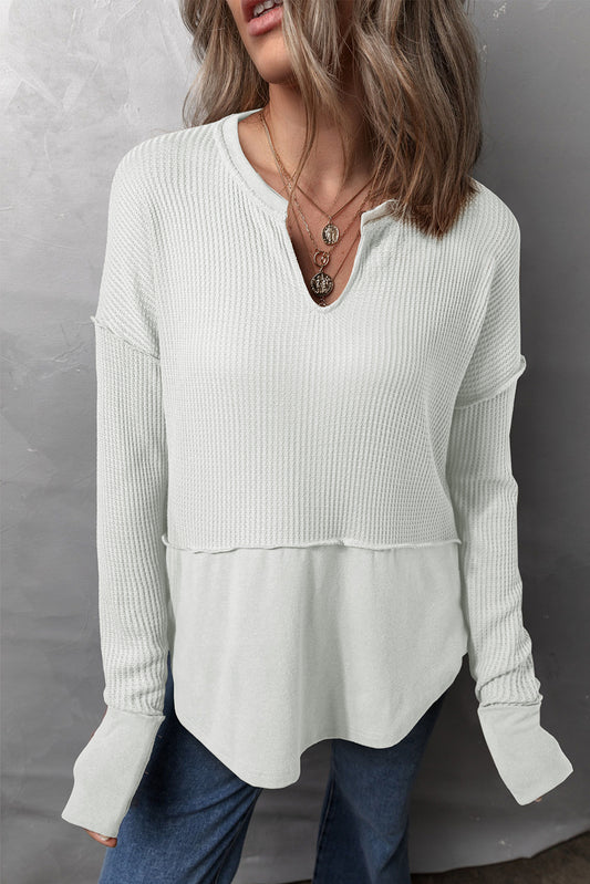 Get trendy with Waffle-Knit Exposed Seam Notched Long Sleeve Top -  available at Styles Code. Grab yours today!