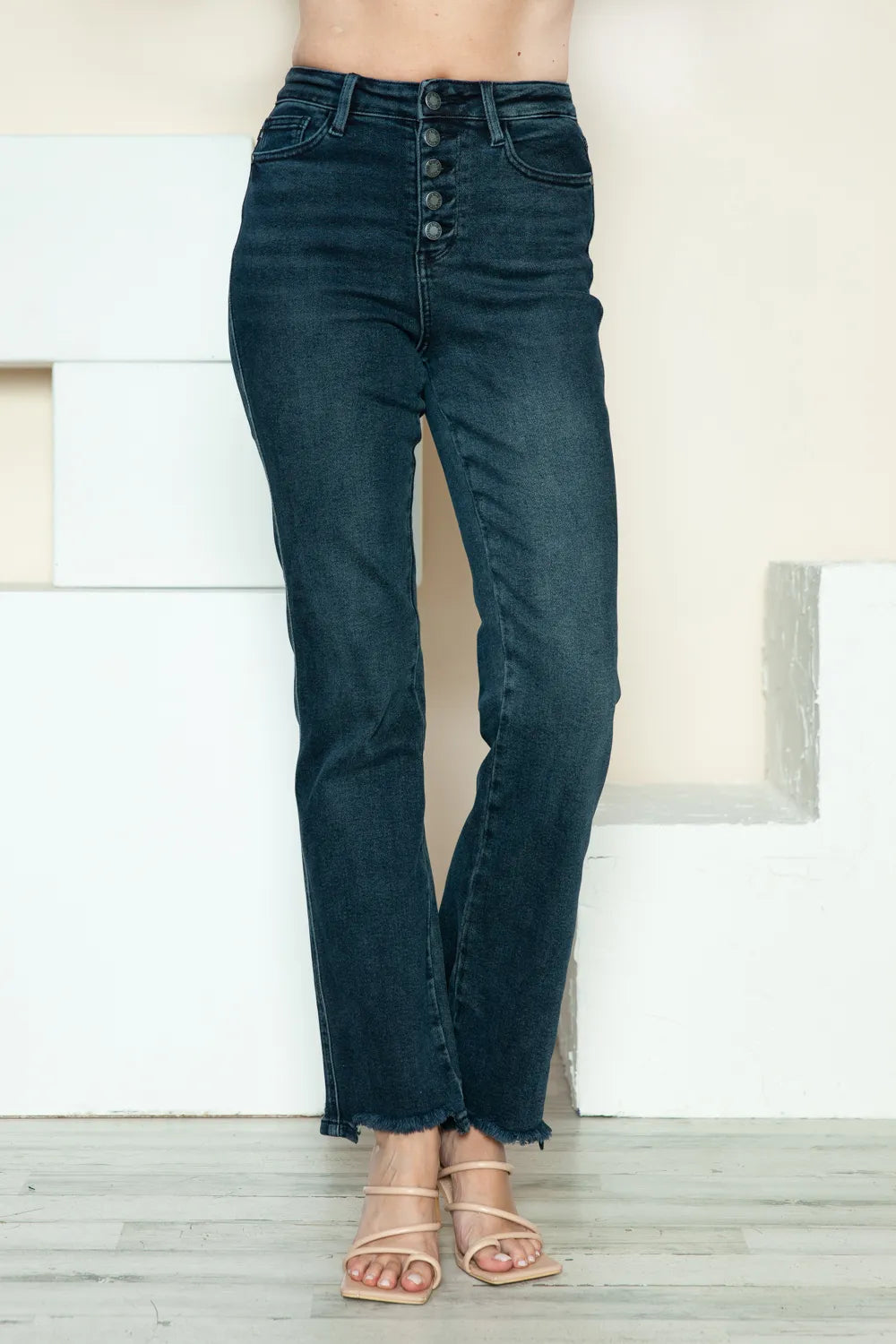 Get trendy with Button Fly Hem Straight Jeans - Jeans available at Styles Code. Grab yours today!