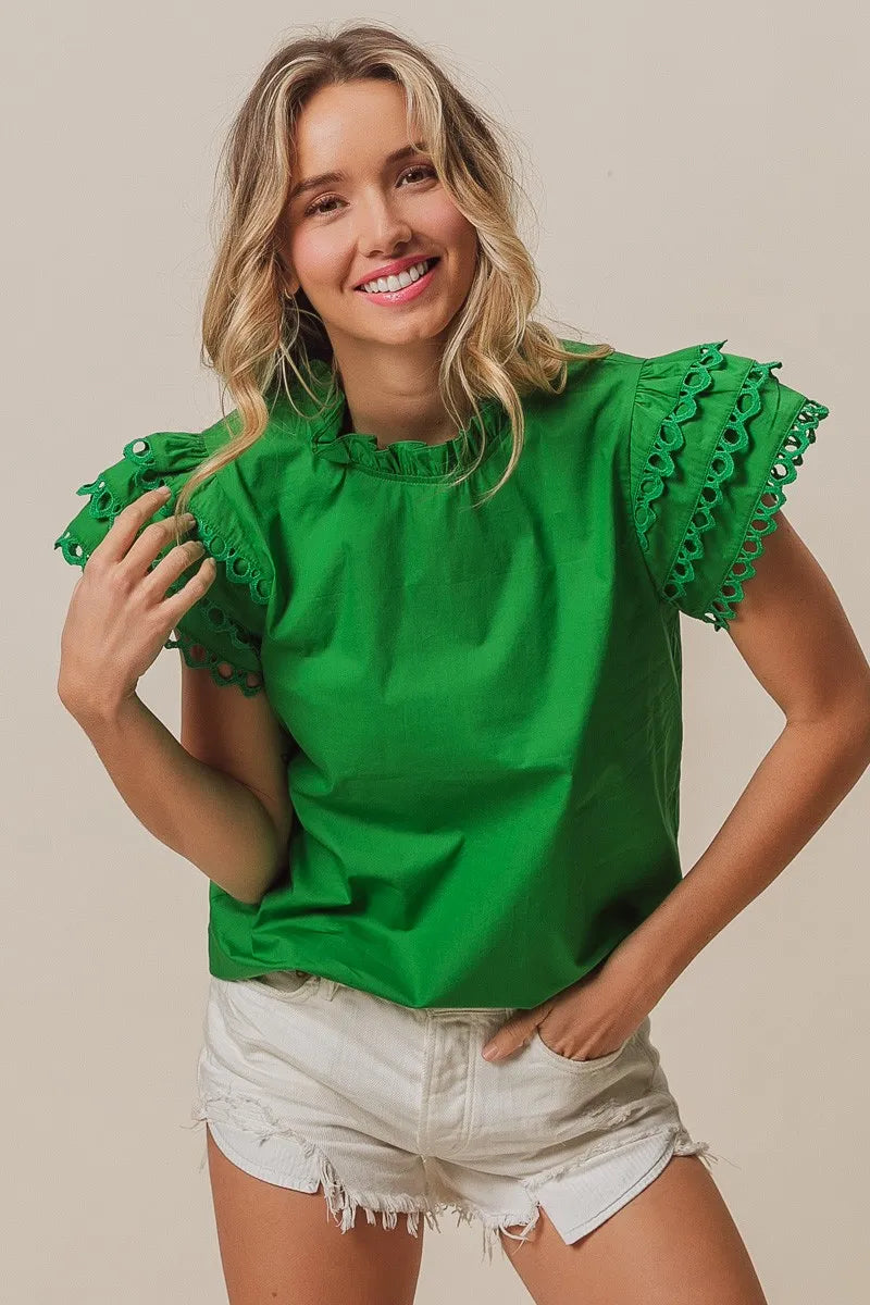 Get trendy with Woven Circle Trim Ruffle Top - Top available at Styles Code. Grab yours today!