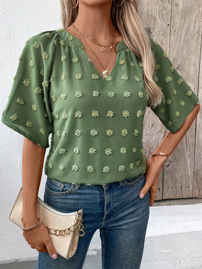 Get trendy with Swiss Dot Notched Half Sleeve Blouse - Blouse available at Styles Code. Grab yours today!