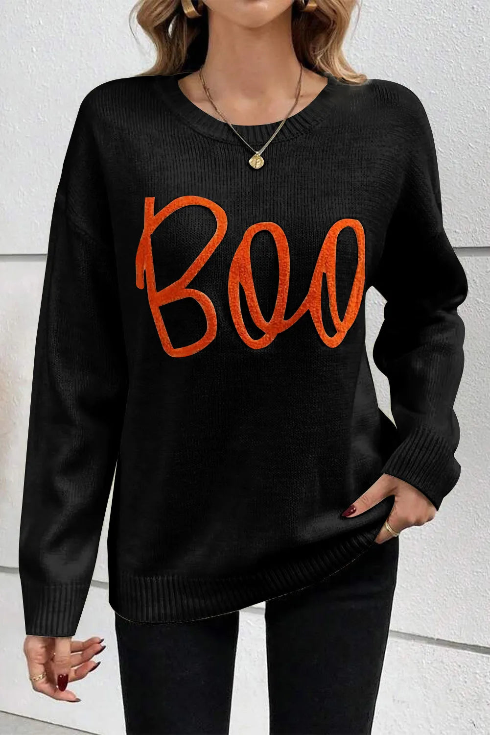 Get trendy with BOO Round Neck Long Sleeve Sweater -  available at Styles Code. Grab yours today!