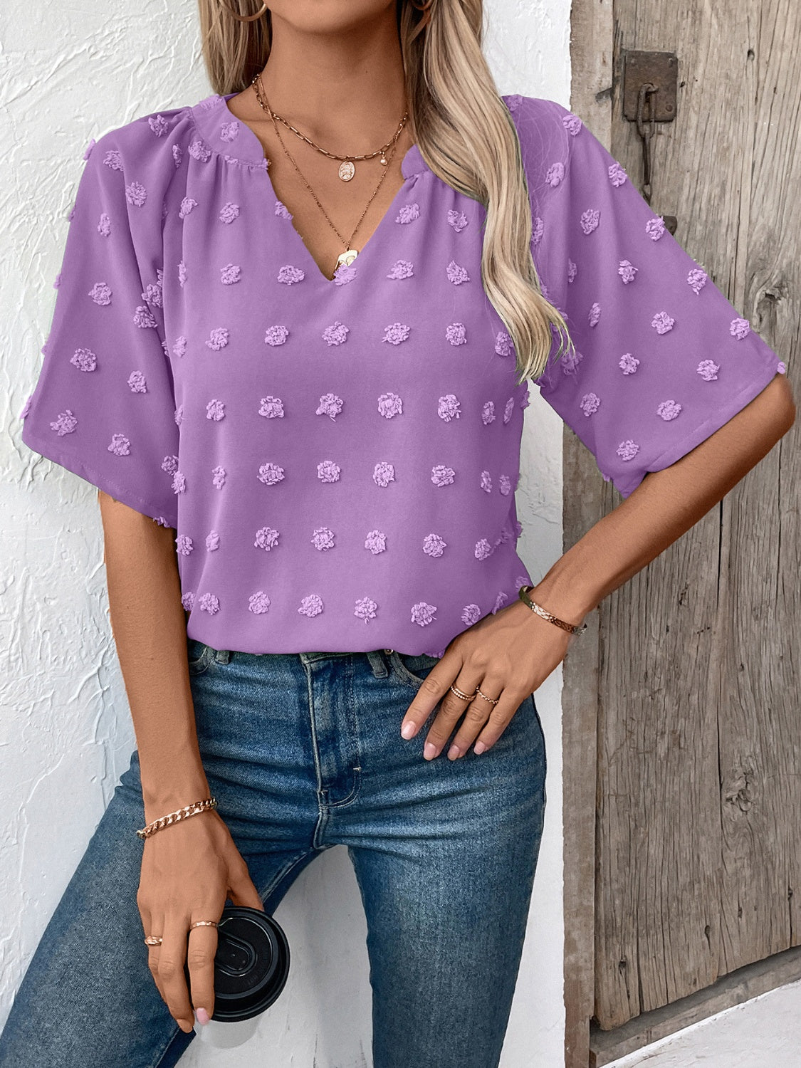 Get trendy with Swiss Dot Notched Half Sleeve Blouse - Blouse available at Styles Code. Grab yours today!