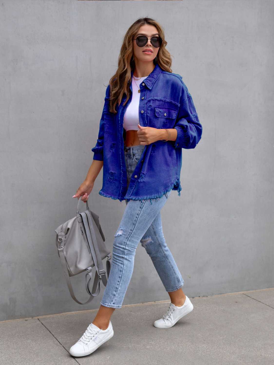 Get trendy with Distressed Drop Shoulder Denim Jacket - Denim Jacket available at Styles Code. Grab yours today!