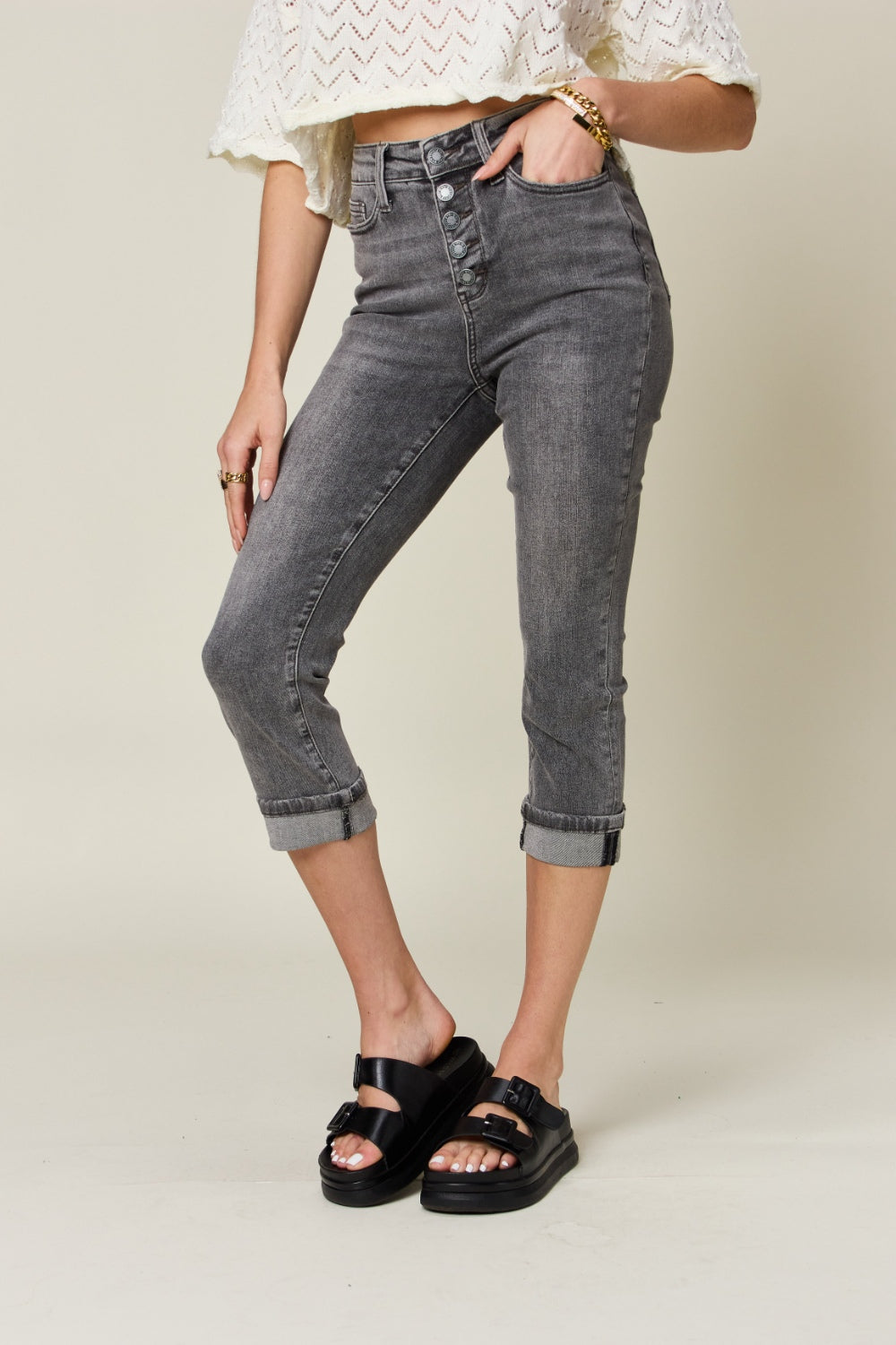 Get trendy with Judy Blue Full Size Button Fly High Waist Cuffed Capris - Jeans available at Styles Code. Grab yours today!